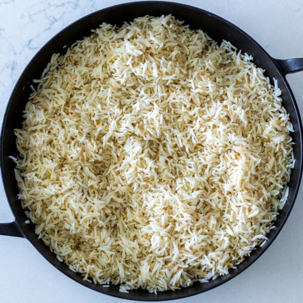 Cooked rice in a serving tray