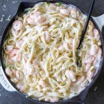 Shrimp Fettuccine Alfredo in a pan