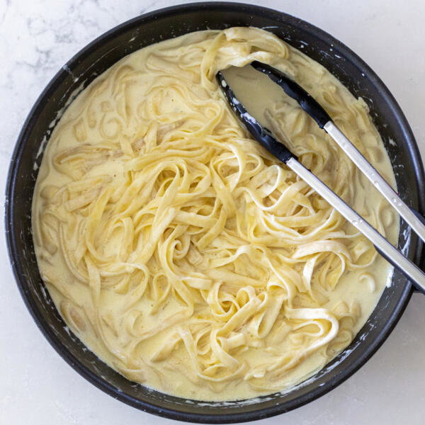 Fettuccine Alfredo in a pan