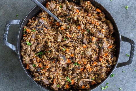 Cooked Stewed Buckwheat and Beef in a pan