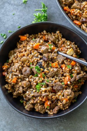 Cooked Stewed Buckwheat and Beef in a bowl