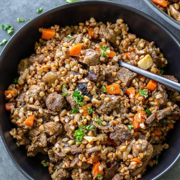 Cooked Stewed Buckwheat and Beef in a bowl