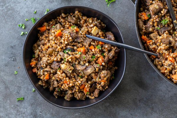 Cooked Stewed Buckwheat and Beef in a bowl