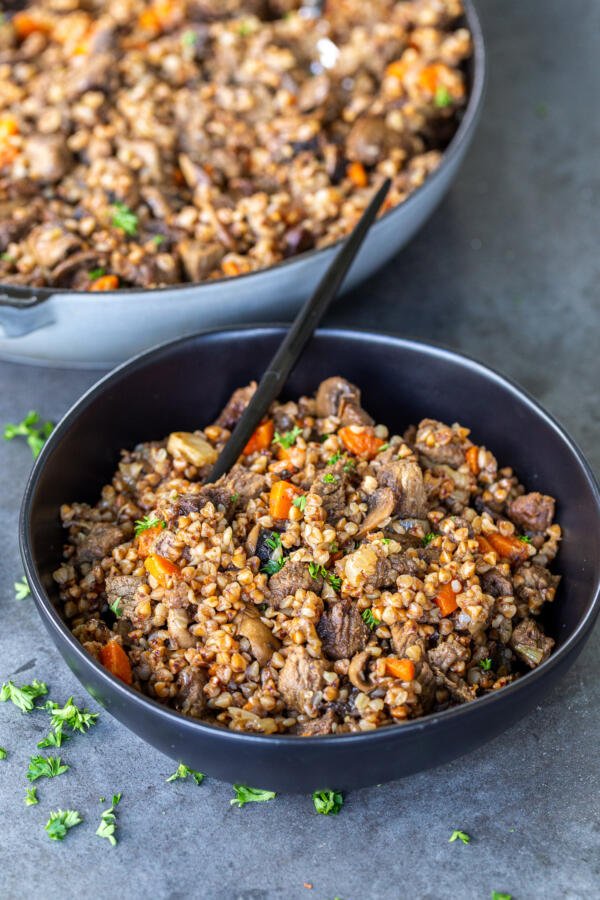 Cooked Stewed Buckwheat and Beef in a bowl