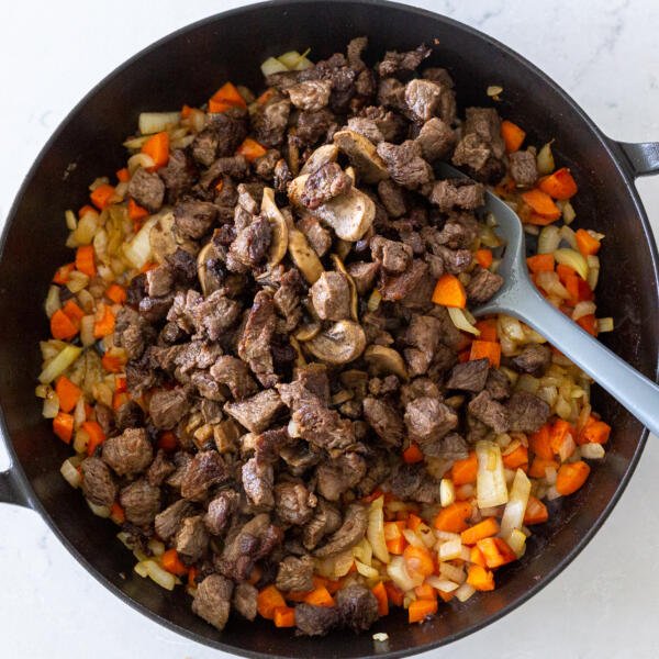 veggies and meet in a pan