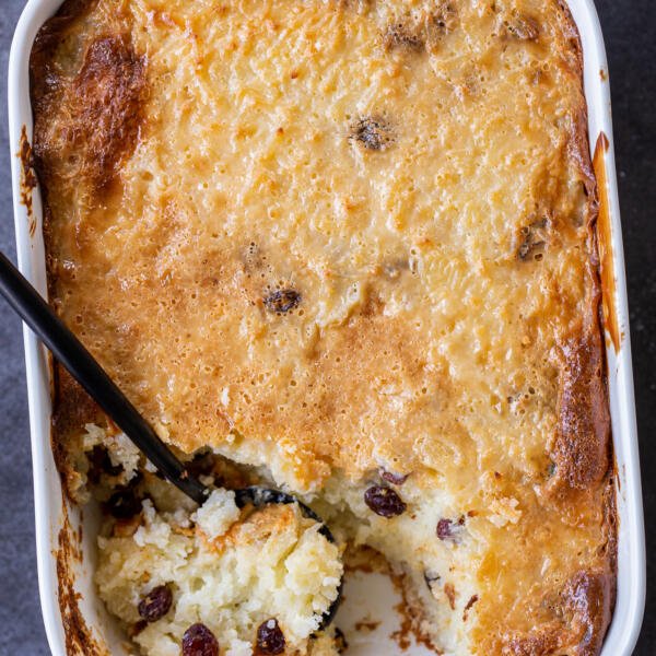 Baked rice pudding in a pan