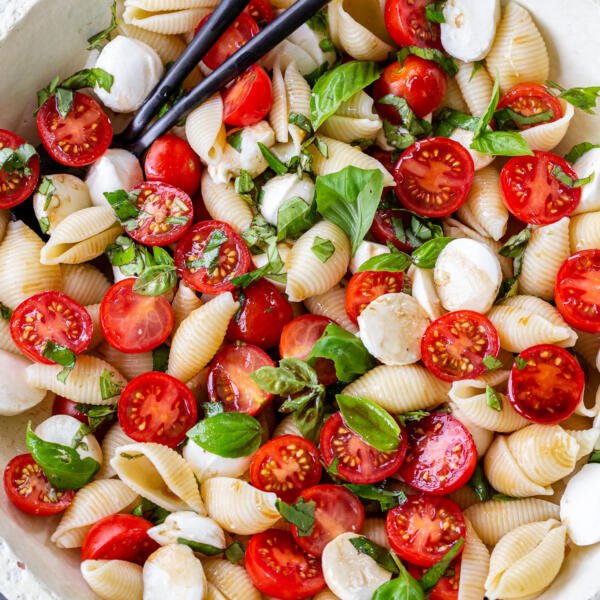 Caprese pasta salad in a bowl with