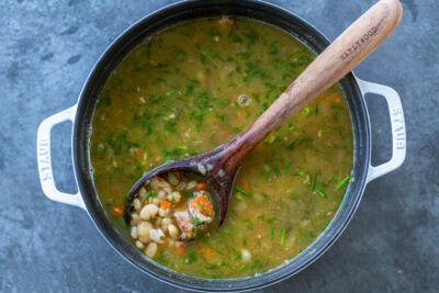 cooked white bean soup in a pot
