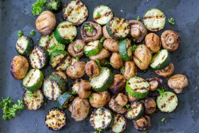 Grilled Zucchini and Mushrooms on a serving tray