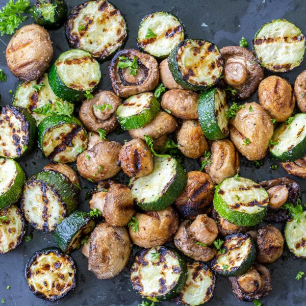 Grilled Zucchini and Mushrooms on a serving tray
