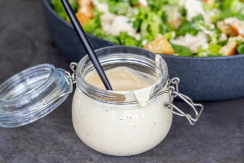 Caesar salad dressing in a jar