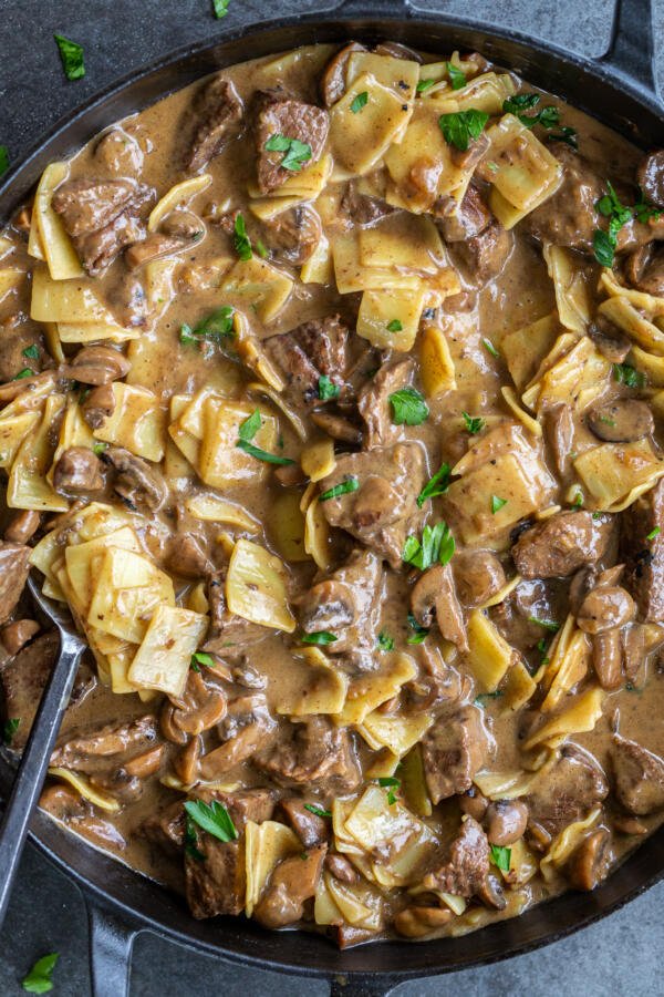 Beef Stroganoff Pasta in a pan