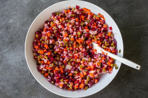Combined Vinaigrette Salad ingredients in a bowl