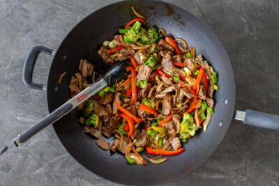 Stir fry with sauce in a wok