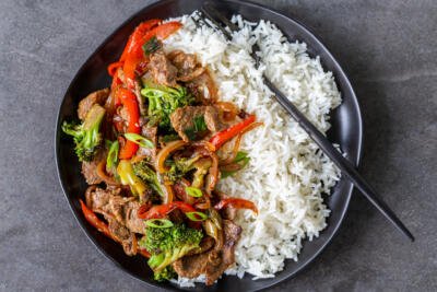 stir fry with rice on a plate