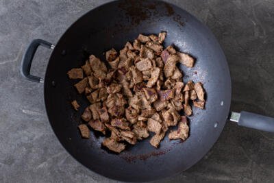 Cooked steak in a wok
