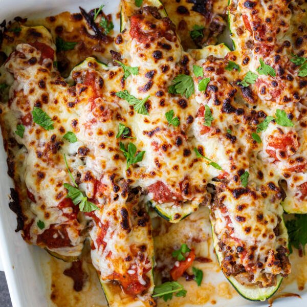 Stuffed Zucchini Boats in a baking dish