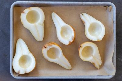 Pears on a baking sheet
