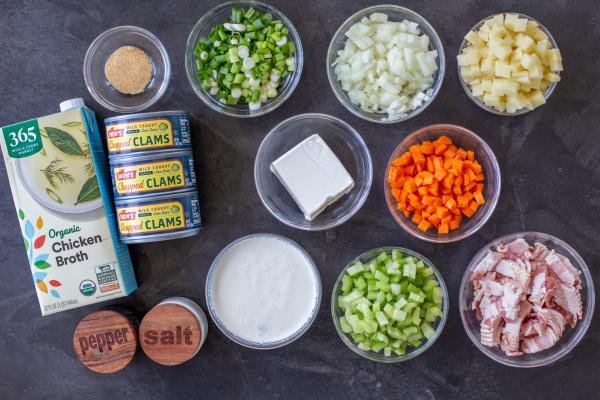 Ingredients for Clam Chowder on a tray.