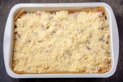 Crumble on top of plum filling