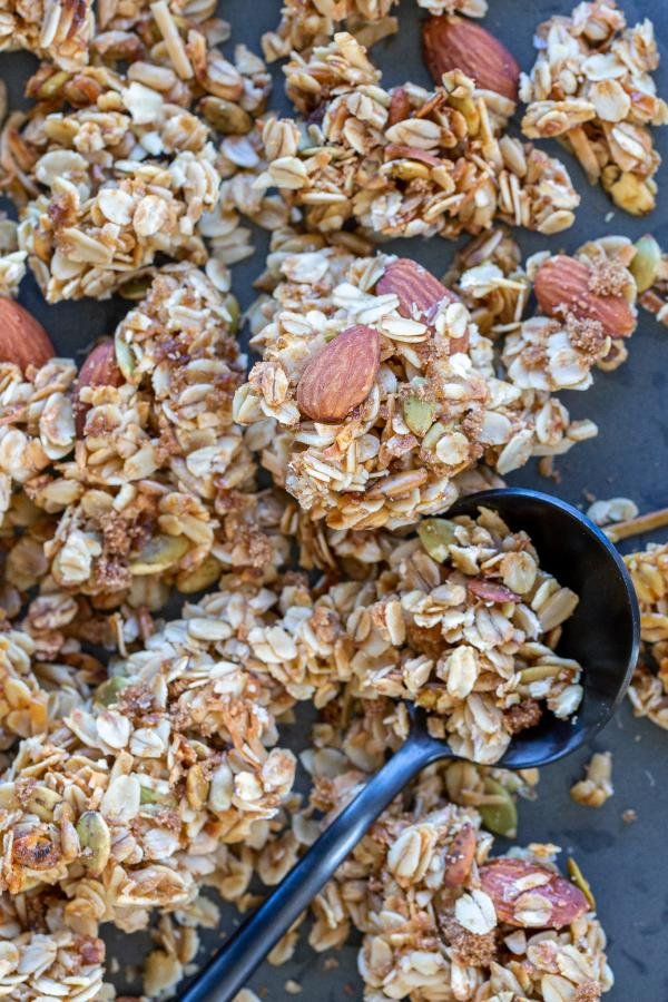 Baked Coconut Granola Clusters on a pan