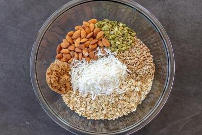 Dry ingredients in a bowl for Coconut Granola Clusters
