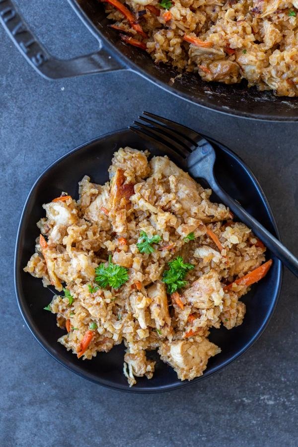 Creamy Cauliflower Rice with Chicken in a bowl