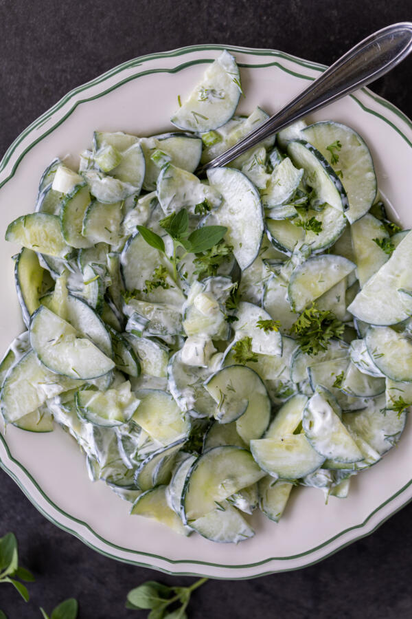 Creamy Cucumber Salad in a bowl.