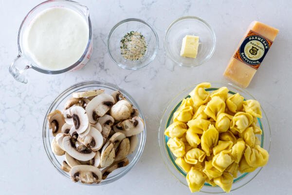 Ingredients for creamy mushroom tortellini