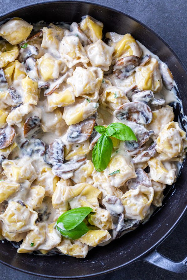 Mushroom cream tortellini in a pan