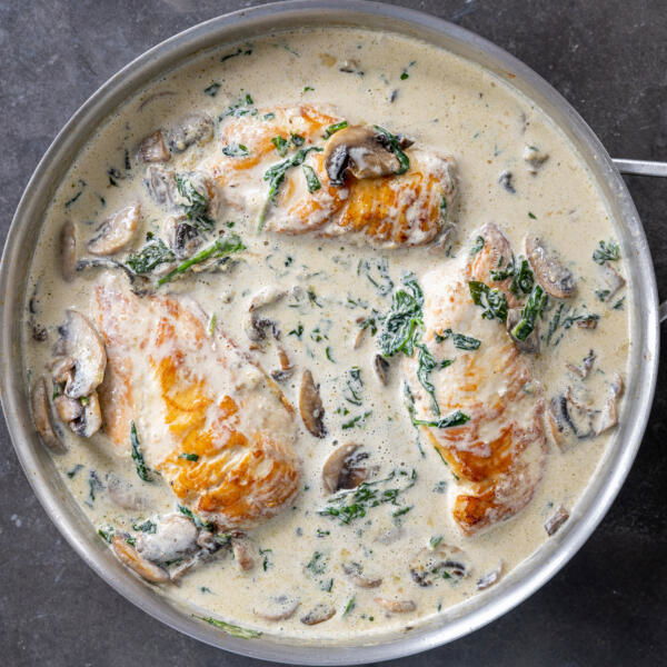 Creamy Pan-Seared Chicken Breast in a pan.