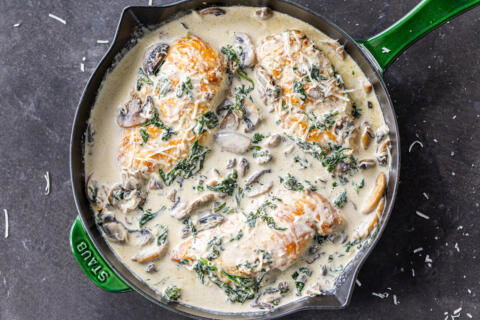 Creamy Pan-Seared Chicken Breast in a serving dish.