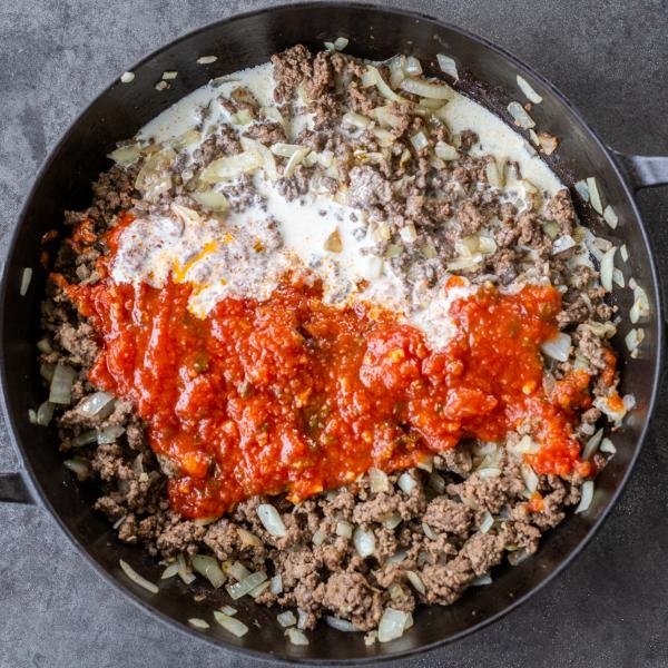 cream added to the beef mixture