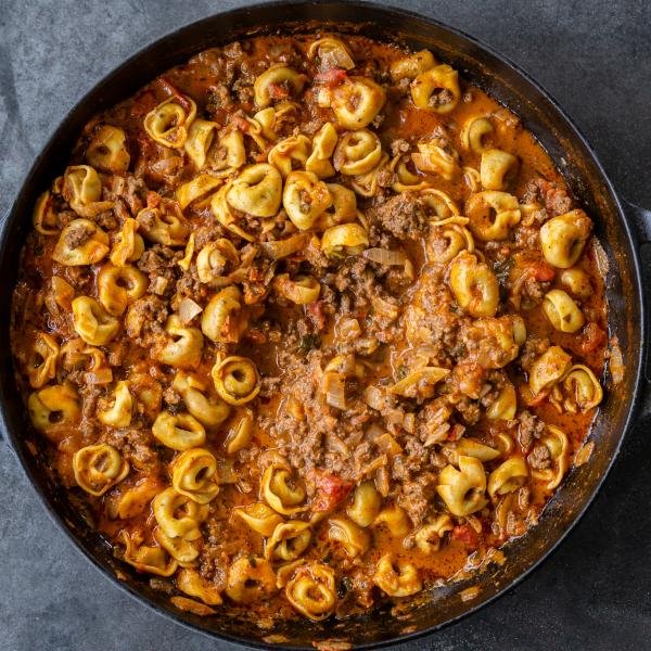 tortellini mixed in to the meat sauce