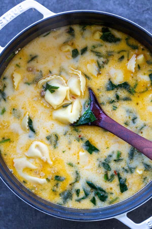 Creamy Spinach Tortellini Soup in a pot