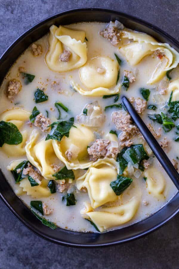 Creamy Spinach Tortellini Soup in a bowl