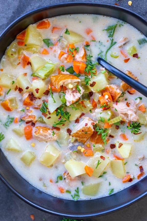 Salmon Chowder in a bowl 