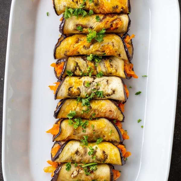 Eggplant Roll-Up on a plate.