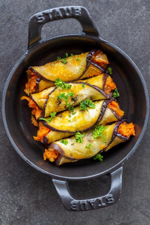 Eggplant Roll-Up on a plate.