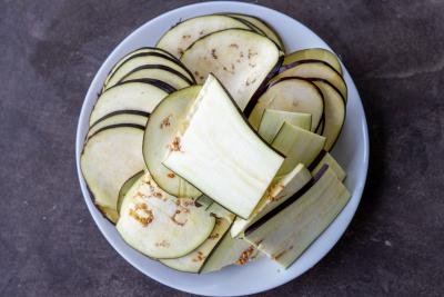 Sliced eggplant in a plate.