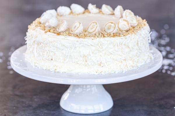 Ferrero Raffaello Cake on a cake stand