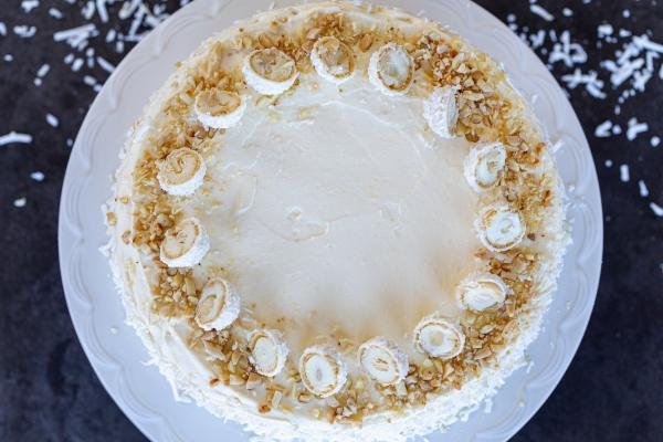 Ferrero Raffaello Cake on a cake stand