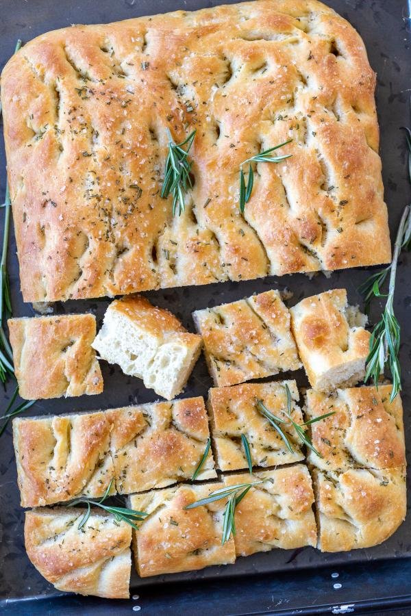 Sliced Focaccia bread on a tray