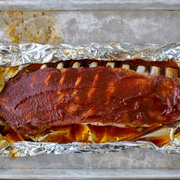 BBQ pork ribs on a pan.