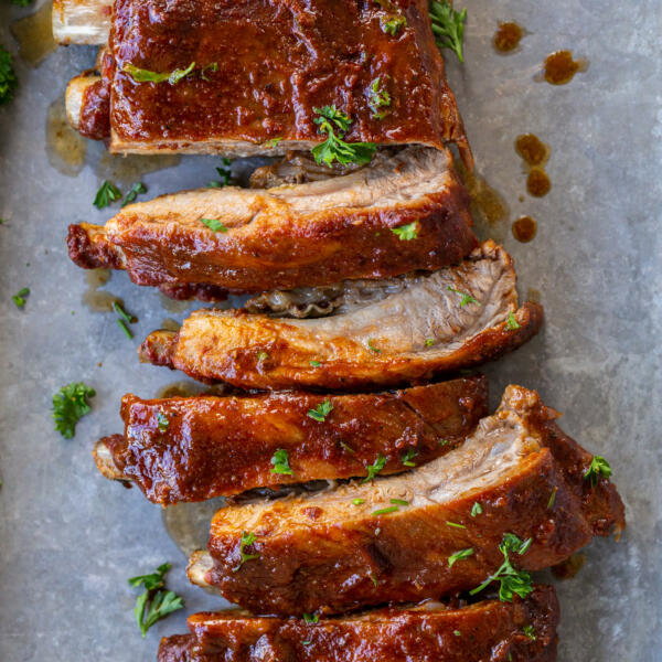 BBQ ribs on a baking pan.