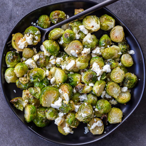 Oven-Roasted Brussels Sprouts with Garlic on a plate
