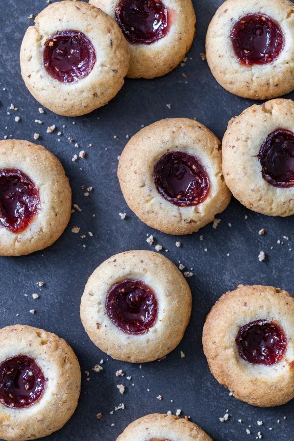 Raspberry Thumbprint Cookies on a serving tray