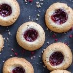 Raspberry Thumbprint Cookies on a serving tray