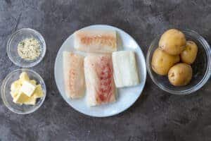 Ingredients for roasted potatoes and cod