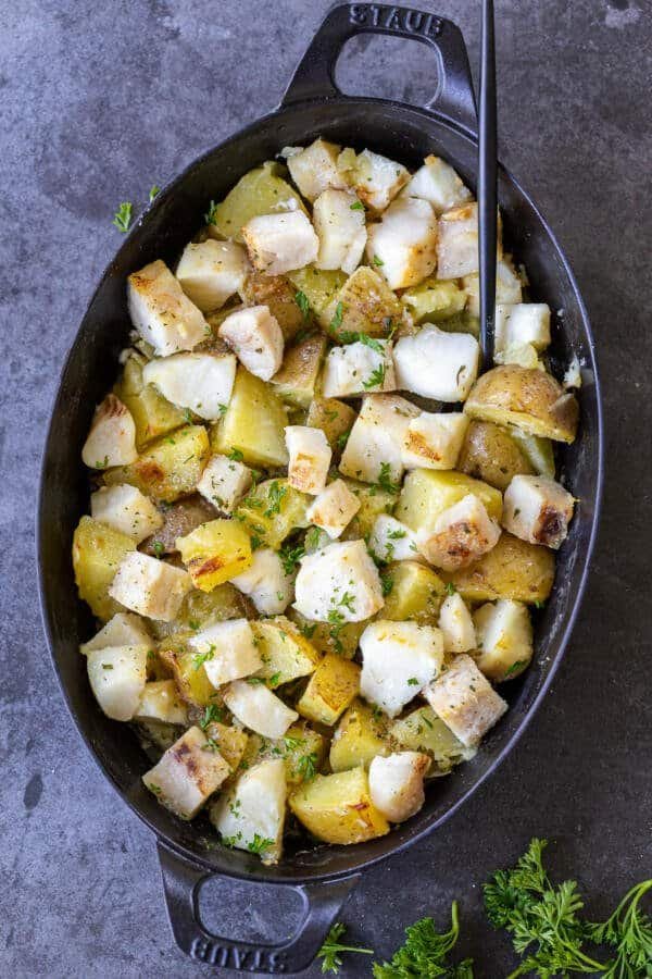 Roasted Cod and Potatoes in a pan